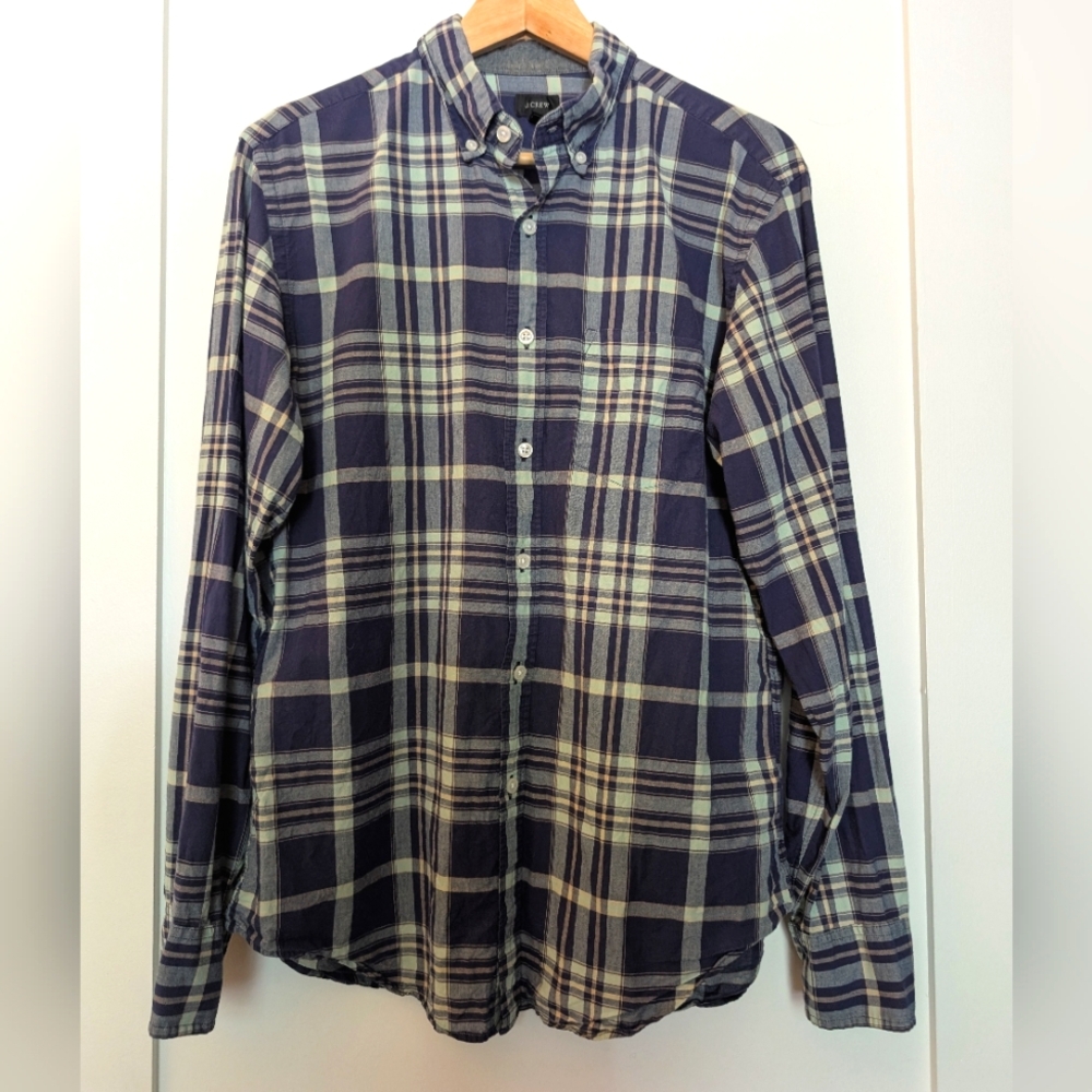 J. Crew Cotton Plaid Shirt, Light Green/Blue Plaid